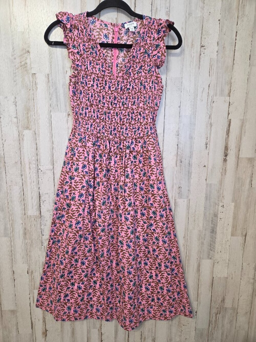 J.CREW size XXS Floral Smocked Ruffle Midi Dress V-neck Flutter sleeve 2XS